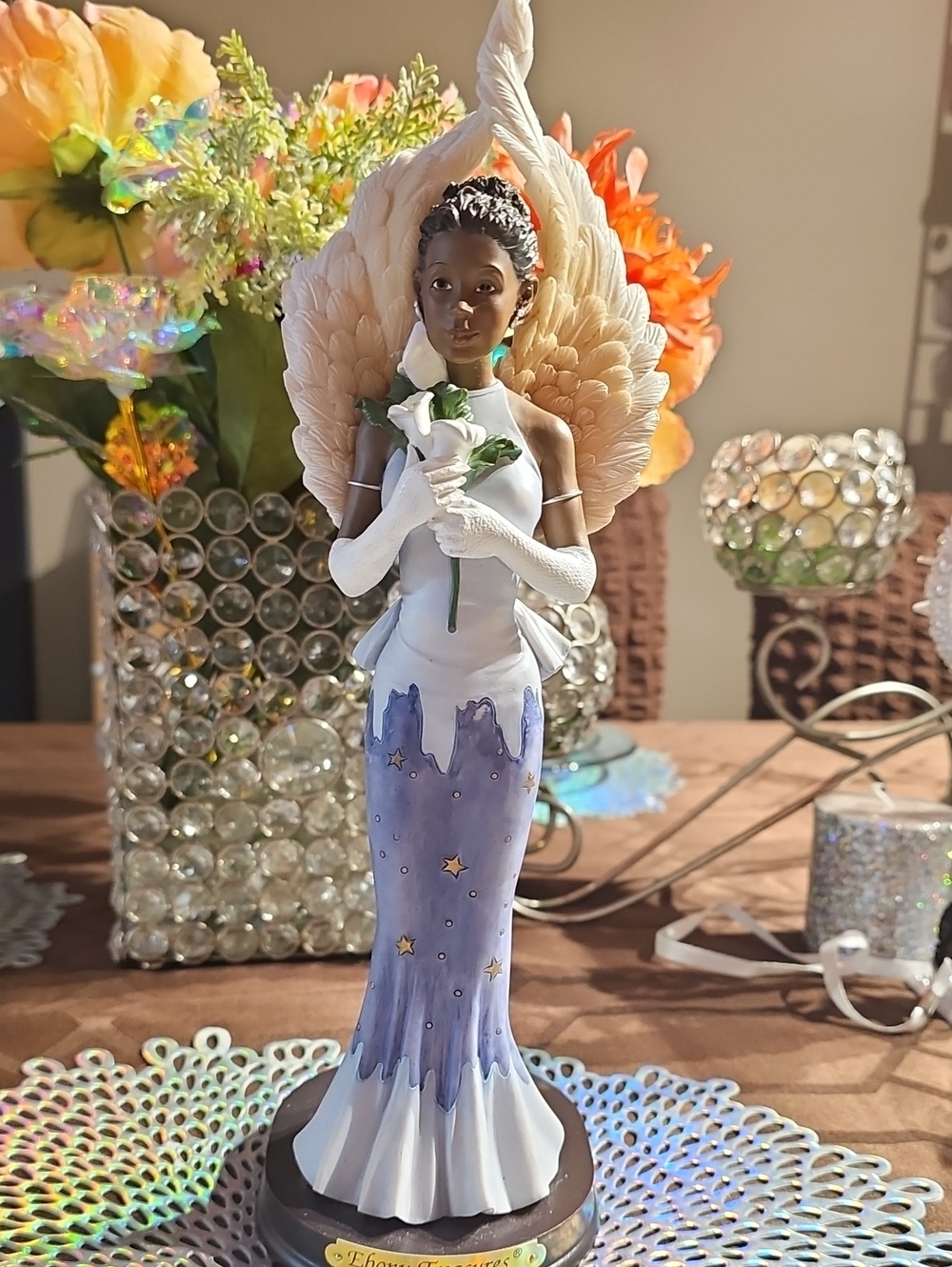 Angel Figurine Holding Lily - Lavender and White